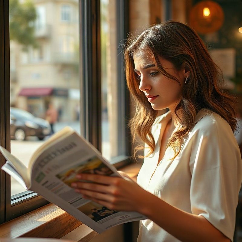Mujer joven hojeando revistas impresas en un café montevideano con luz cálida de tarde