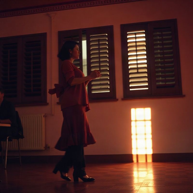 Bailarina de milonga en un salón montevideano con luz cálida y tenue