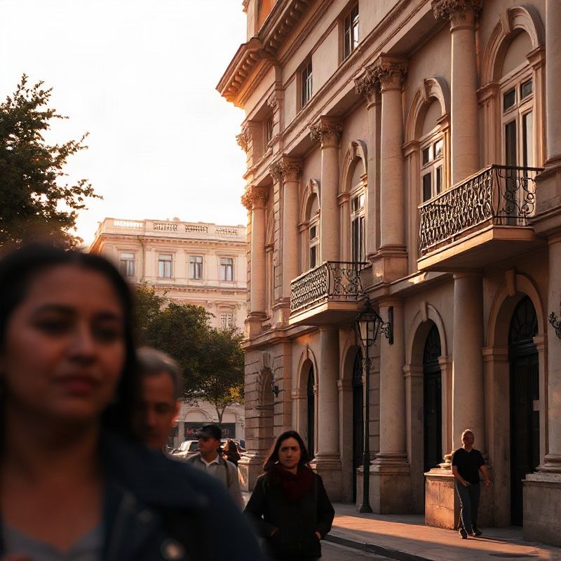 Fachada neoclásica en el Barrio Sur de Montevideo bajo la luz cálida de la tarde