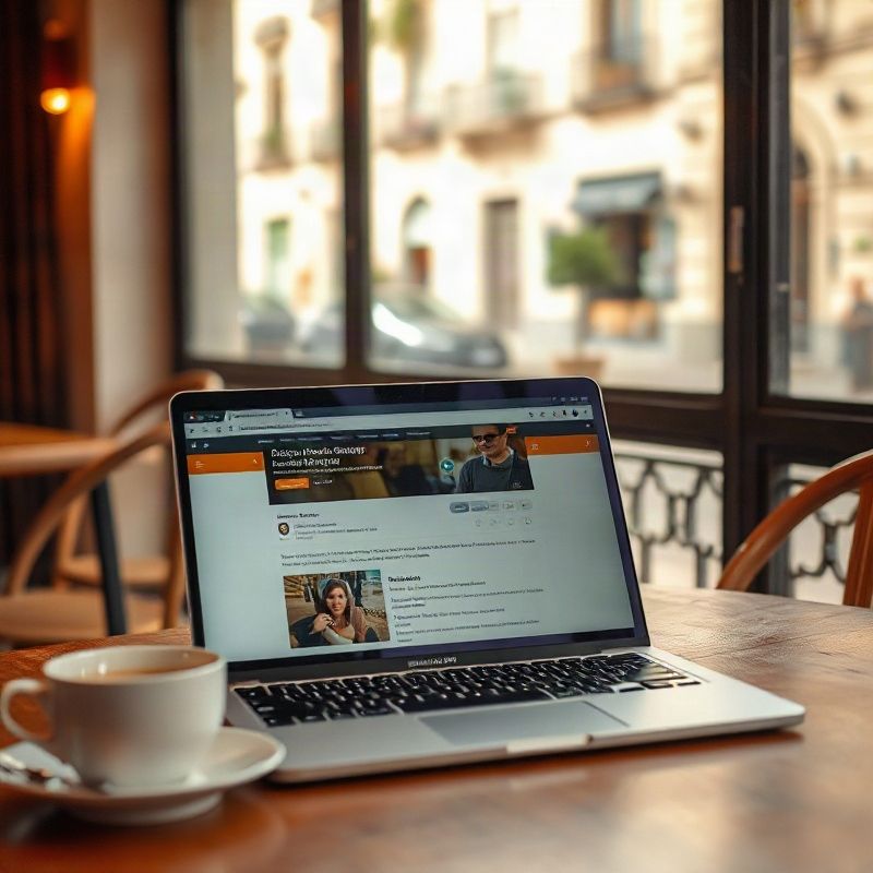Laptop abierta a un cliente de correo en una mesa de café en Montevideo